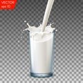 Realistic glass to pour milk splash, on a transparent background. Royalty Free Stock Photo