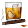 Realistic glass of whiskey and cigar