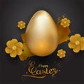 Realistic glittering golden color egg and beautiful flower on black background with stylish text of Happy Easter.