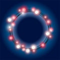 Realistic Glittering round string of Christmas garland made of incandescent red lamps on dark blue background