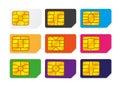 Realistic global big collection phone sim card with different EMV chips and different colors. Nfc chip for credit card