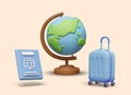 Realistic globe, international passport, blue suitcase with wheels