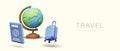 Realistic globe, passport, suitcase. Time to travel. Vector mockup for advertising travel business