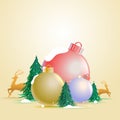 Realistic Glossy Baubles With Xmas Trees, Golden Reindeer And Snowy on Pastel Yellow