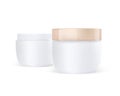 Realistic glossy care cream jar. Opened and closed body cream jar. Scrub, butter gel, skin care, powder cosmetic box.