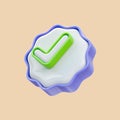 Realistic glossy checkmark badge icon 3d render for like or correct