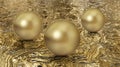 Realistic glossy chromium golden ball with glares on reflection golden wave background. 3d render