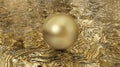 Realistic glossy chromium golden ball with glares on reflection golden wave background. 3d render