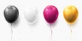 Realistic glossy golden, purple, black and white balloon vector illustration on transparent background. Balloons for