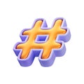 Realistic glossy hashtag sine icon 3d render concept for website