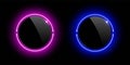 Realistic glossy plastic buttons with pink and blue neon round frames. Soft light effect blank templates isolated on Royalty Free Stock Photo