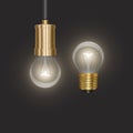 Realistic glow bulb background with luminant lens end lamp hanging on wire on dark background vector illustration Royalty Free Stock Photo