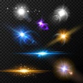 Realistic glow light effects. Lens flare set. Realistic glowing sparkles particles effects on dark transparent grid Royalty Free Stock Photo
