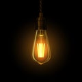 Realistic glowing lamp hanging on the wire. Incandescent lamp. Vector