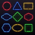 Realistic glowing neon frames. Vivid electric light lamp frame on rack. Lights of colorful tubes vector set Royalty Free Stock Photo