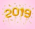 Realistic 2019 gold air balloons confetti new year