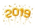 Realistic 2019 gold air balloons confetti new year