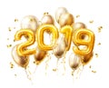 Realistic 2019 gold air balloons confetti new year