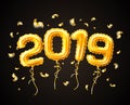 Realistic 2019 gold air balloons confetti new year