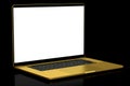 Realistic aluminum laptop with empty white screen isolated on black background. Royalty Free Stock Photo