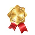 Realistic gold award medal with red ribbons and engraved winner's cup. Premium badge for winners and achievements Royalty Free Stock Photo