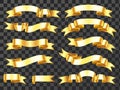 Realistic gold banner. Golden horizontal celebration ribbon. Scroll ribbons and award banners isolated vector