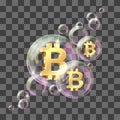 Realistic gold Bitcoin sign encapsulated in transparent soap bubble