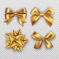 Realistic gold bow, gift ribbon. Golden tie box package, christmas or birthday present, silk holiday fabric decoration Royalty Free Stock Photo