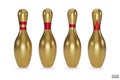 Realistic gold bowling pins with red stripes isolated on white background. Royalty Free Stock Photo