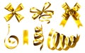 Realistic gold bows. Decorative golden favor ribbon, christmas gift wrapping bow and shiny ribbons 3D vector