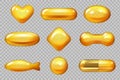 Realistic gold capsule. Dropping yellow capsule for hair natural products vitamin e omega vector 3d illustrations