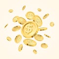 Realistic gold coin explosion or splash on white background. Rain of golden coins. Falling or flying money. Bingo Royalty Free Stock Photo