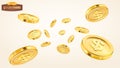 Realistic gold coin explosion or splash on white background. Rain of golden coins. Falling or flying money. Bingo