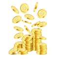 Realistic gold coin stack on white background. Rain of golden coins. Falling money on pile. Bingo jackpot or casino