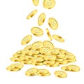 Realistic gold coin stack on white background. Rain of golden coins. Falling money on pile. Bingo jackpot or casino Royalty Free Stock Photo