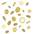 Realistic gold coin on white background. Jackpot or casino poker win element. Cash treasure concept. Falling or flying money.