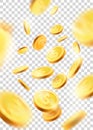 Realistic Gold coins explosion. Isolated on transparent background.gold coins falling 3d, icon with shadows Royalty Free Stock Photo