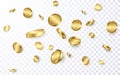 Realistic gold coins explosion isolated on transparent background. Vector illustration Royalty Free Stock Photo