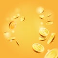 Realistic Gold coins explosion.success, luck, money falling,fly.coins set in different positions. Isolated on yellow Royalty Free Stock Photo