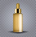 Realistic gold cosmetic glass bottle with dropper. Cosmetic vials for oil, collagen serum, liquid essential. Mock up