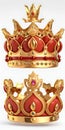 Realistic gold crowns set.Crowning headdress for king and queen.Royal golden noble aristocrat monarchy red jewel crowns. Royalty Free Stock Photo