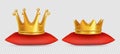 Realistic gold crowns. Vector king and queen crowns on red pillow isolated on transparent background