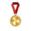 Realistic gold empty medal on red ribbon. Sports competition awards for first place. Championship reward for victories and Royalty Free Stock Photo