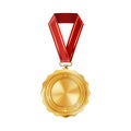 Realistic gold empty medal on red ribbon. Sports competition awards for first place. Championship reward for victories and Royalty Free Stock Photo