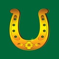 Realistic gold horseshoe with four-leaf clover on isolated green background. Vector image. Decoration object Royalty Free Stock Photo