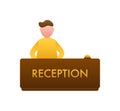 Realistic gold icon of reception bell and man on white backdrop. Customer help