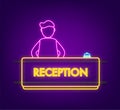 Realistic gold icon of reception bell and man on white backdrop. Neon icon. Customer help