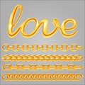 Realistic gold jewelry chain and love sign isolated on transparent background
