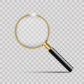 Realistic gold magnifier on transparent background. Vector. Royalty Free Stock Photo