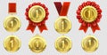 Realistic gold medal. Champion medals with number one and red ribbons. Sports competition first prize, leadership Royalty Free Stock Photo